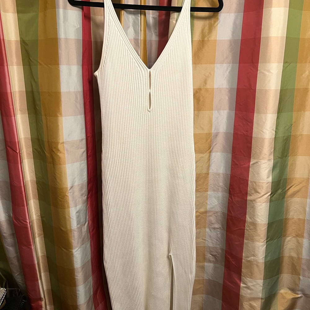 Abercrombie & Fitch Ribbed V-Neck Cream Maxi Dress